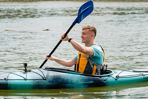 Hemophilia A patient, Zach Mullins, kayaking Hemophilia A patient, Zach Mullins, kayaking
