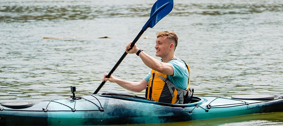 Hemophilia A patient, Zach Mullins, kayaking Hemophilia A patient, Zach Mullins, kayaking