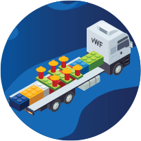 Von Willebrand Factor carrying FVIII and KOVALTRY Illustration of blocks and a truck depicting Von Willebrand Factor carries both natural FVIII and KOVALTRY through the bloodstream preventing them from being broken down