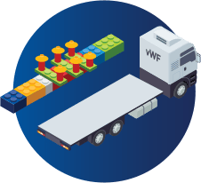FVIII and KOVALTRY attach with Von Willebrand Factor Graphic of blocks and a truck showcasing natural FVIII and KOVALTRY undergoing a process of attaching to a carrier protein, Von Willebrand Factor